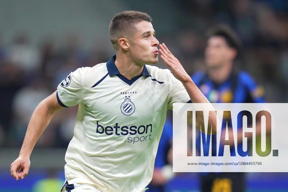 Brugge s Nicolo Tresoldi celebrates after scoring 0-1 during the Uefa Champions League soccer match between Inter and Club Brugge at San Siro Stadium in Milan , Italy - October 13 , 2026. - Soccer