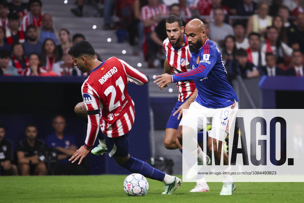Atletico de Madrid v Manchester United, ManU - UEFA Champions League 2026 27 October 13, 2026, Riyadh Air Metropolitano Stadium, Madrid, Spain: Bryan Mbeumo of Manchester United is defended by David Hanko and Cristian Romero during UEFA Champions League 2026 27 football match between Atletico de Madrid and Manchester United at Riyadh Air Metropolitano Stadium on October 13, 2026, in Madrid, Spain. Madrid Riyadh Air Metropolitano Stadium Madrid Spain