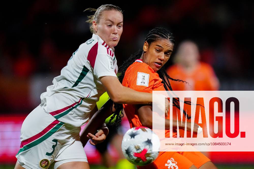 , Koning Willem II Stadium , season 2026 2027 , UEFA World Cup Qualification play-offs football , match between The Netherlands and Hungary (women) , picture shows Hungary player Laura Palakovics and Netherlands player Esmee Brugts Netherlands - Hungary (women) x208306315x