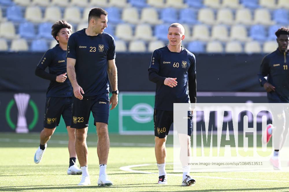 STVV s Joedrick Pupe and STVV s Robert-Jan Vanwesemael pictured during a training session of Belgian soccer team Sint-Truidense VV, Wednesday 14 October 2026 in Sint-Truiden. The team is preparing for the opening match of the UEFA Conference League league phase against Georgian FC Iberia 1999 Tbilisi tomorrow. JILLxDELSAUX x189775296x
