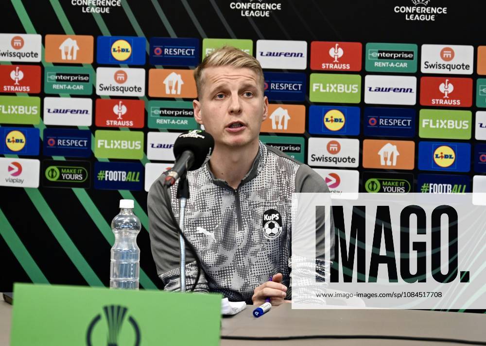Ahead of the KuPS Kuopio v Trabzonspor - UEFA Conference League TAMPERE, FINLAND - OCTOBER 14: KuPS Kuopio head coach Miika Nuutinen and player Petteri Pennanen (not seen) attend a pre-match press conference, PK, Pressekonferenz at Tammelan stadion in Tampere, Finland on October 14, 2026. With KuPS hosting their UEFA Conference League opening match against Trabzonspor away from Kuopio due to stadium criteria, the team held their official media briefing at the 8,000-capacity venue. Seyit Ahmet Eksik Anadolu Tampere Finland. Editorial use only. Please get in touch for any other usage.