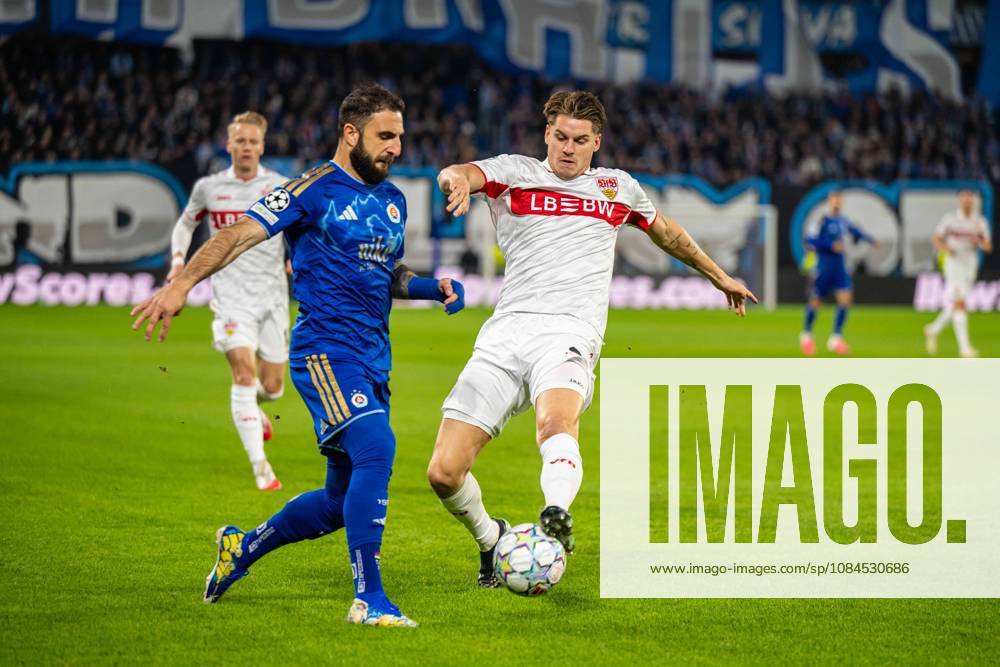 Tigran Barseghyan in a battle with Ramon Hendriks during UEFA Champions league match , SK Slovan Bratislava - VFB Stuttgart , 14. october 2026, Tehelne pole Stadium, Bratislava, Slovakia
