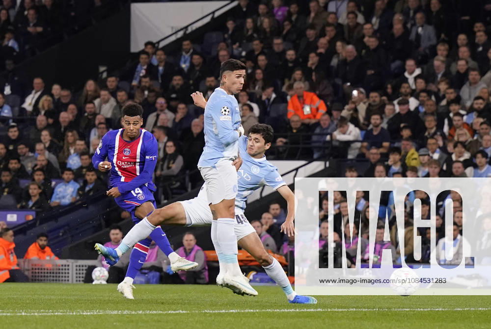Manchester, England, 14th October 2026. Desire Doue of Paris Saint-Germain scores the first goal during the Manchester City vs Paris Saint Germain UEFA Champions League match at the Etihad Stadium, Manchester. Picture credit should read: Andrew Yates Sportimage . SPI_019_AY_Man_City_PSG SPI-5069-0019