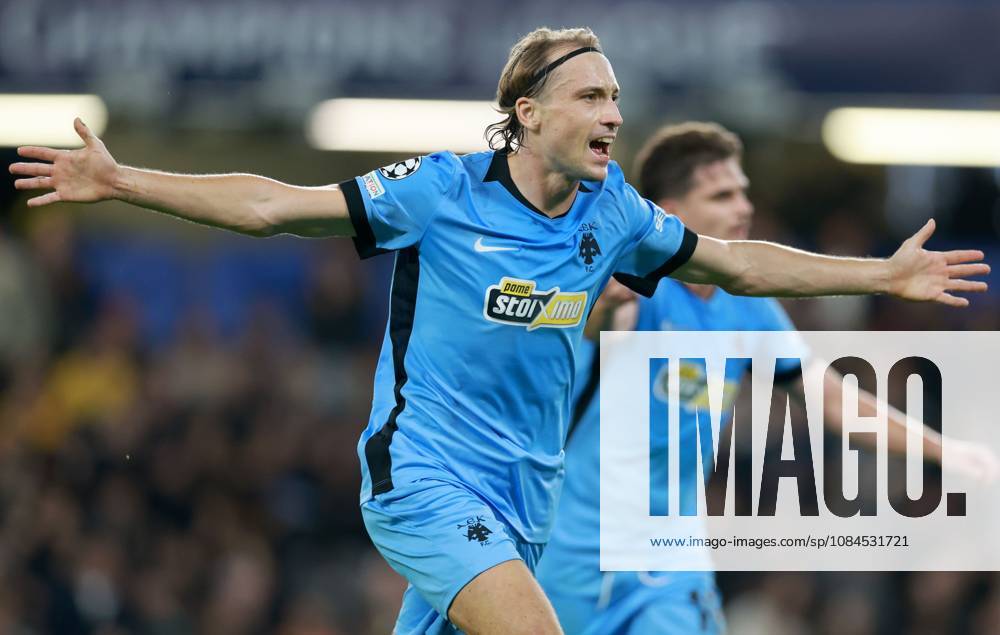 Lovro Majer of AEK Athens celebrates scoring their side s first goal of the game Shakhtar Donetsk v AEK, UEFA Champions League, Football, Stamford Bridge, London, UK - 14 Oct 2026London Stamford Bridge United Kingdom