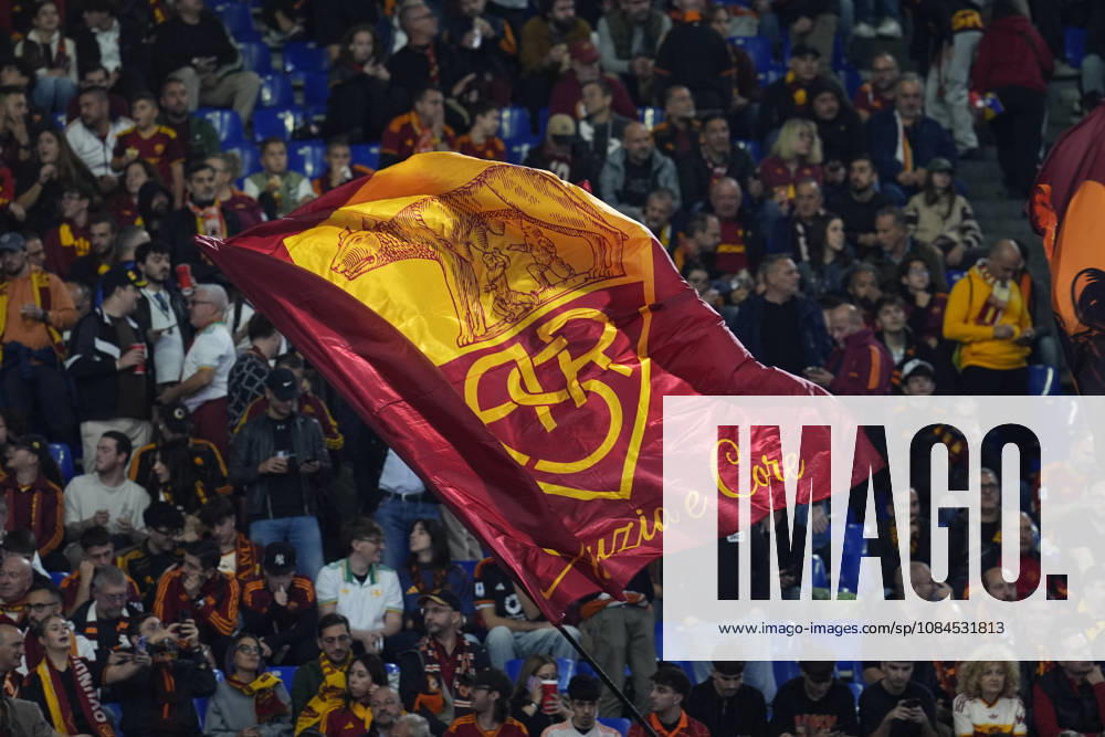 Supporters of AS Roma show their flag during the UEFA Champions League 2026 27 League Phase MD2 match between Roma and Real Madrid CF at Stadio Olimpico on Octuber 14, 2026, in Roma, Italy. Roma Italy - ZUMAa181 20261014_zaa_a181_106