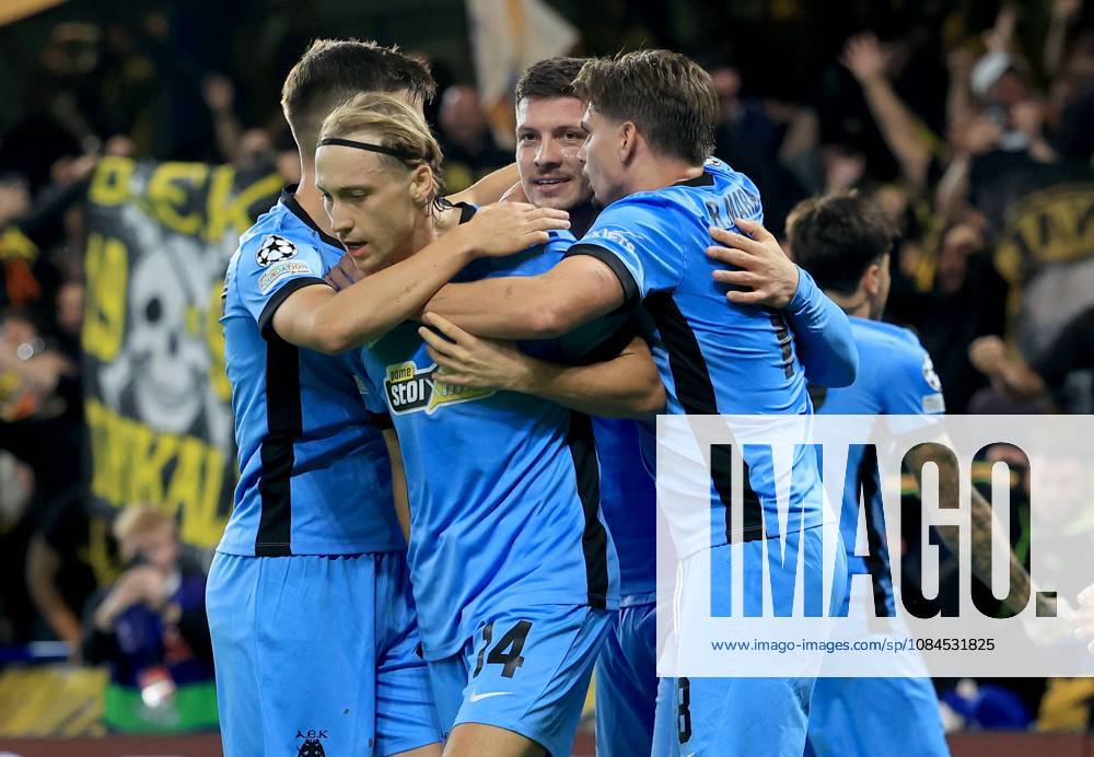 Lovro Majer of AEK Athens (centre) celebrates scoring their side s first goal of the game Shakhtar Donetsk v AEK, UEFA Champions League, Football, Stamford Bridge, London, UK - 14 Oct 2026London Stamford Bridge United Kingdom