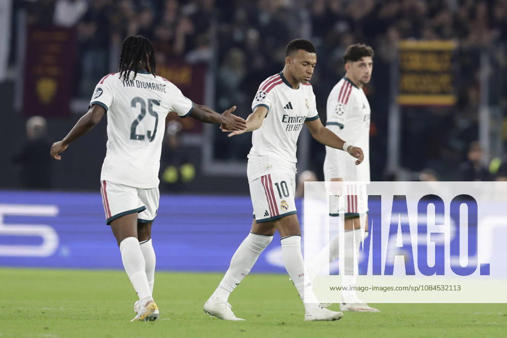 UEFA Champions League AS Roma vs Real Madrid Real Madrid s French forward Kylian Mbappe celebrates after scoring a goal of 1-1 during UEFA Champions League match between AS Roma vs Real Madrid at Olimpico stadium on October 14, 2026 in Rome, Italy. _BPH3242