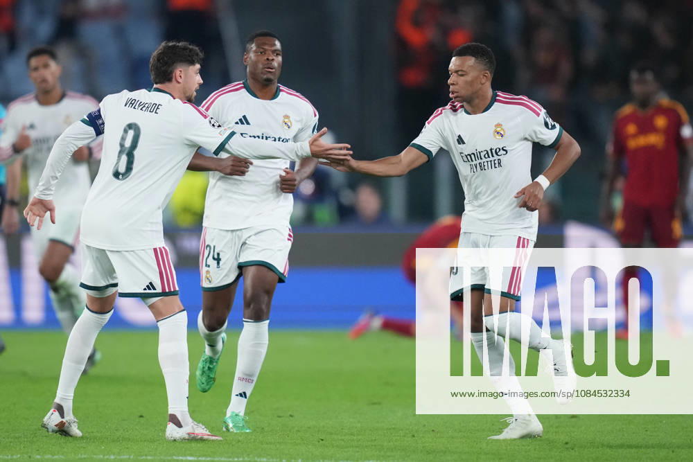 Real Madrid s Kylian Mbappe celebrates after scoring during the UEFA Champions League Phase - Matchday 2 soccer match between AS Roma and Real Madrid at the Rome s Olympic stadium, Italy - Wednesday October 14, 2026 - Soccer ( Photo by Alfredo Falcone LaPresse )