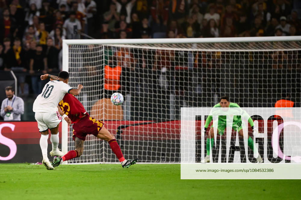 Kylian Mbappe of Real Madrid scores the goal of 1-1 during the UEFA Champions League 2026 2027 football match between AS Roma and Real Madrid at Stadio Olimpico in Rome (Italy), October 14, 2026. AndreaxStaccioli