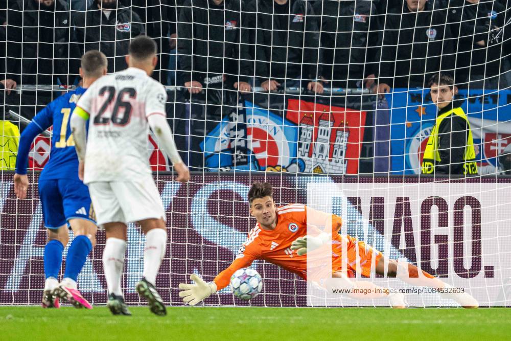 Dominik Takac catches the ball during UEFA Champions league match , SK Slovan Bratislava - VFB Stuttgart , 14. october 2026, Tehelne pole Stadium, Bratislava, Slovakia