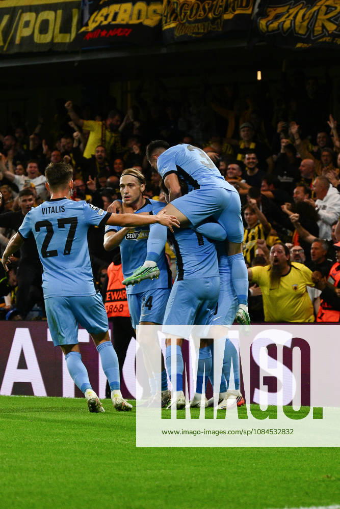 Lovro Majer of AEK Athens celebrates scoring the opening goal with his team mates during the UEFA Champions League 2026 27 League Phase MD2 match between FC Shakhtar Donetsk and AEK Athens at Stamford Bridge on October 14, 2026 in London, England. (Photo by Yaroslav Dunka Sports Press Photo)