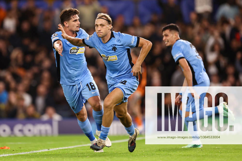 Shakhtar Donetsk v AEK Athens 14 October 2026, London - UEFA Champions League - Shakhtar Donetsk v AEK Athens - Lovro Majer of AEK Athens celebrates their first goal with Razvan Marin of AEK Athens - Photo: Jacques Feeney Offside. London UK