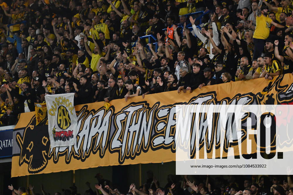 AEK fans during the UEFA Champions League 2026 27 League Phase MD2 match between FC Shakhtar Donetsk and AEK Athens at Stamford Bridge on October 14, 2026 in London, England. (Photo by Yaroslav Dunka Sports Press Photo)