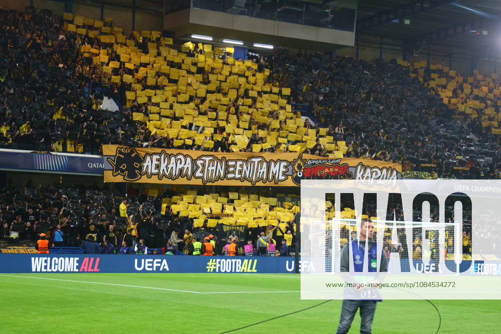 UEFA Champions League - Shakhtar Donetsk vs AEK Athens FC - Fans of AEK Athens FC react during the UEFA Champions League phase Matchday 2 soccer match between Shakhtar Donetsk vs AEK Athens FC in Stamford Bridge, London, UK, on 13 October 2026. IMAGO ONE INCH PRODUCTIONS LONDON UK