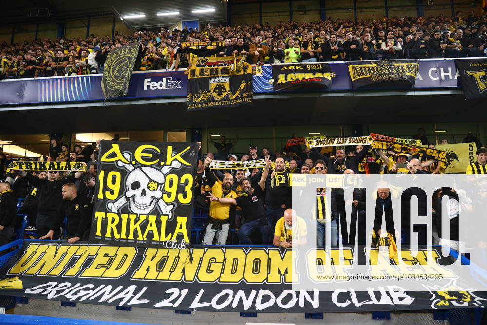 UEFA Champions League - Shakhtar Donetsk vs AEK Athens FC - Fans of AEK Athens FC react during the UEFA Champions League phase Matchday 2 soccer match between Shakhtar Donetsk vs AEK Athens FC in Stamford Bridge, London, UK, on 13 October 2026. IMAGO ONE INCH PRODUCTIONS LONDON UK