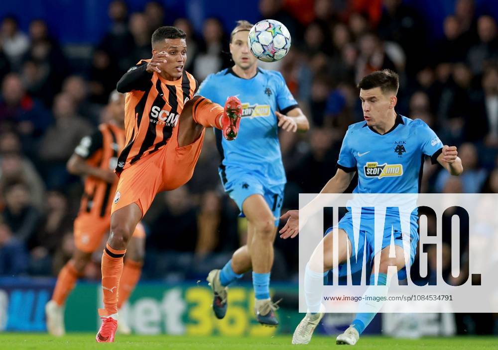 Pedrinho of Shakhtar Donetsk in action against Milan Vitalis of AEK Athens Shakhtar Donetsk v AEK, UEFA Champions League, Football, Stamford Bridge, London, UK - 14 Oct 2026London Stamford Bridge United Kingdom