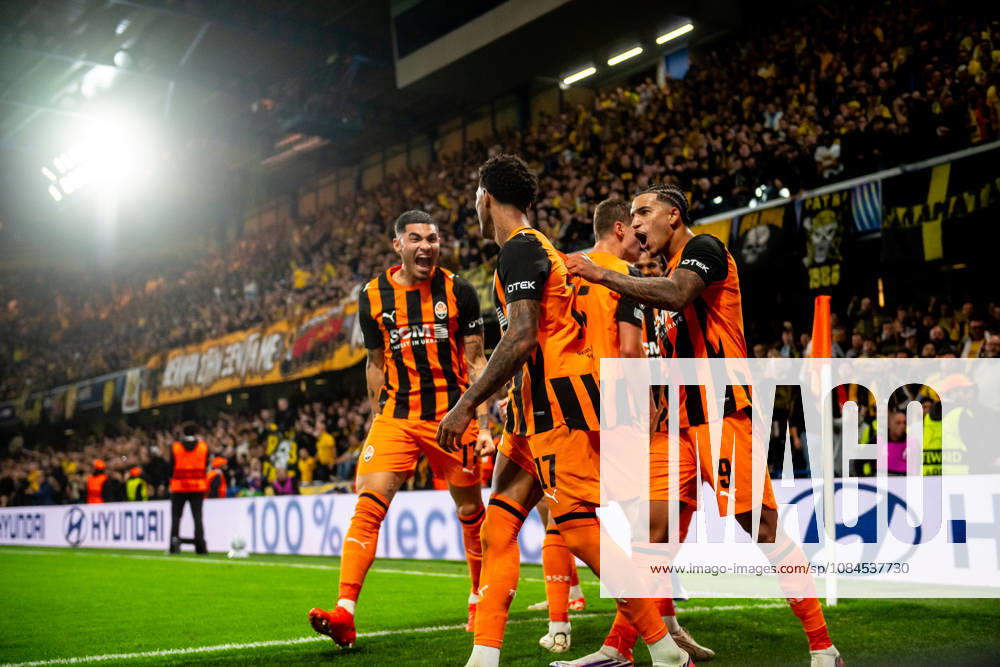 Kaua Elias Vinicius Tobias goal celebration seen during UEFA Champions League 2026 2027 league phase game between teams of FC Shakhtar Donetsk and AEK Athens FC (Jacek Prondzynski Ball Raw Images) London England, United Kingdom, London Great Britain