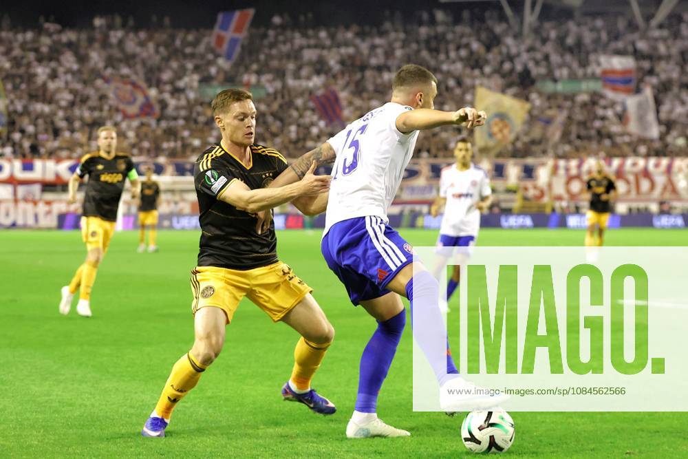 SPLIT, 15 10-2026, Poljud Stadium , season 2026 2027 , UEFA Conference League Football . Match between Hajduk Split and Ajax. Picture shows Ajax Viktor Tsygankov and Hajduk Split Dario Maresic Hajduk Split - Ajax x208448529x