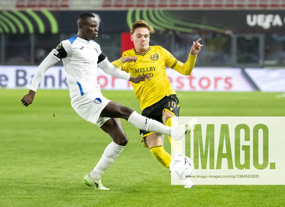HELSINGBORG 2026-10-15 Inter Club dEscaldes Sol Sidibe and Mjällby AIFs Jeppe Kjaer in the UEFA Conference League match between Mjällby AIF and Inter Club dEscaldes at Olympia in Helsingborg , Sweden, October 15, 2026. HELSINGBORG SWEDEN