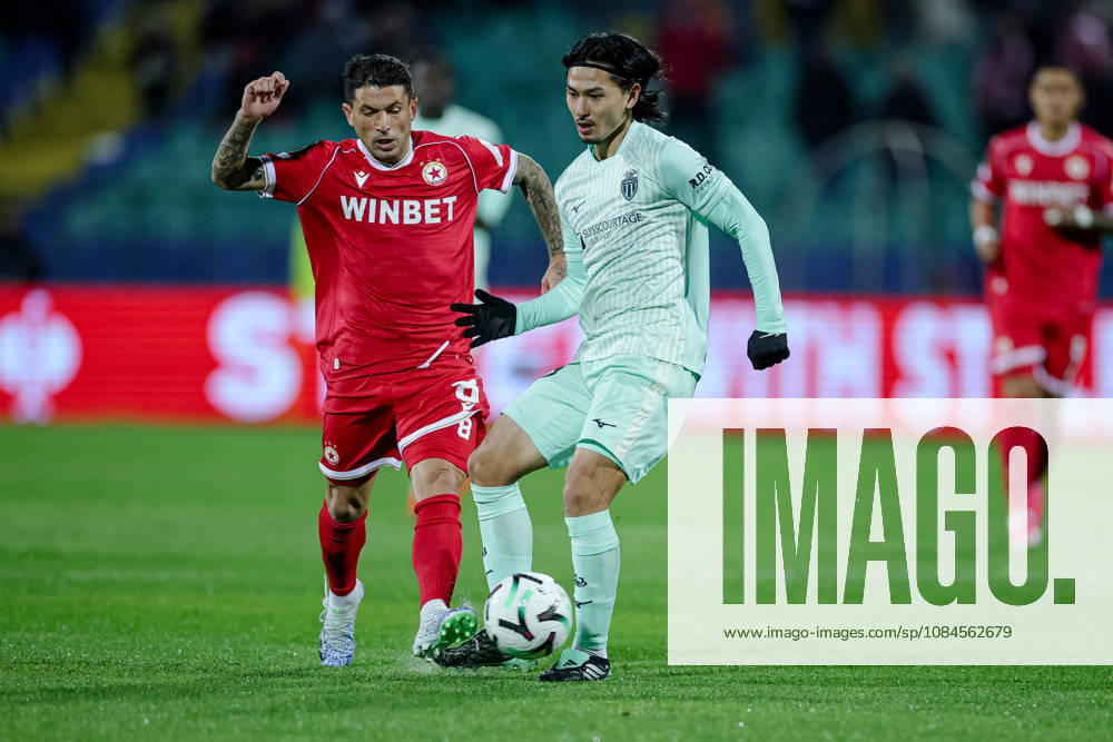 Football - UEFA Conference League - Round 1 - PFC CSKA Sofia - AS Monaco - 15.10.2026 Takumi Minamino, 18 of AS Monaco FC and Stefano Sensi, 8 of PFC CSKA Sofia during UEFA Conference League - Round 1 match between PFC CSKA Sofia and AS Monaco at Vasil Levski Stadium in Sofia, Bulgaria, on October 15th, 2026 in Sofia, Bulgaria. Bulgaria
