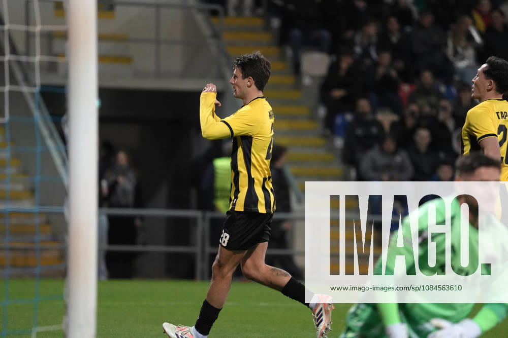Marc Gual of Kairat scelebrates after scoring from the penalty spot during a UEFA Conference League soccer match between Latvias Riga FC and Kazakhstans Kairat Almaty at Skonto Stadium in Riga, Latvia, Thursday, Oct. 15, 2026. Riga Latvia