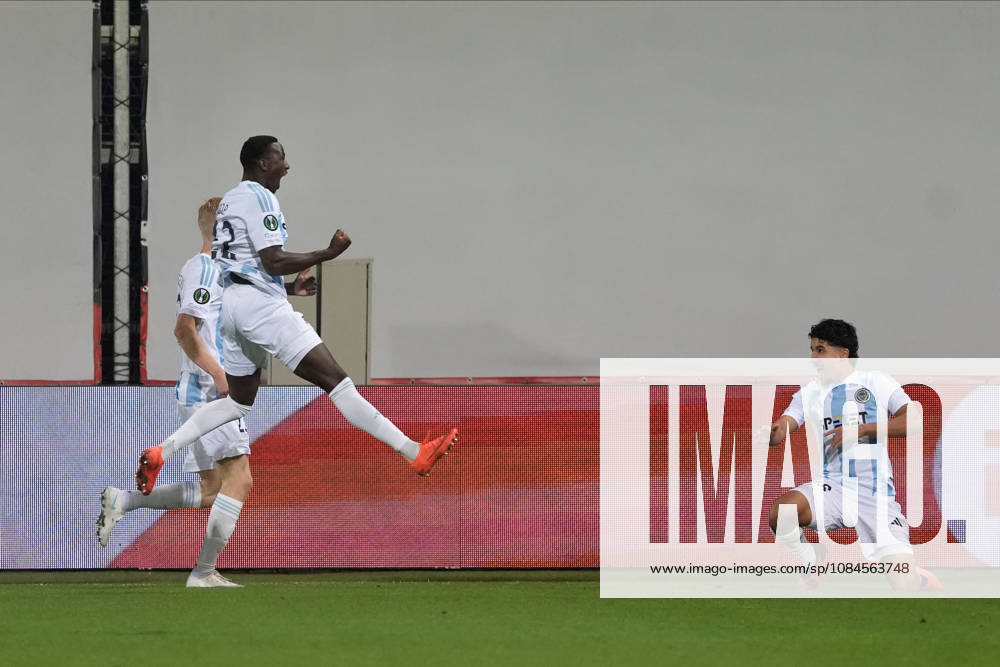 Salah Oulad M Hand of Riga FC, right, celebrates a goal during a UEFA Conference League soccer match between Latvias Riga FC and Kazakhstans Kairat Almaty at Skonto Stadium in Riga, Latvia, Thursday, Oct. 15, 2026. Riga Latvia