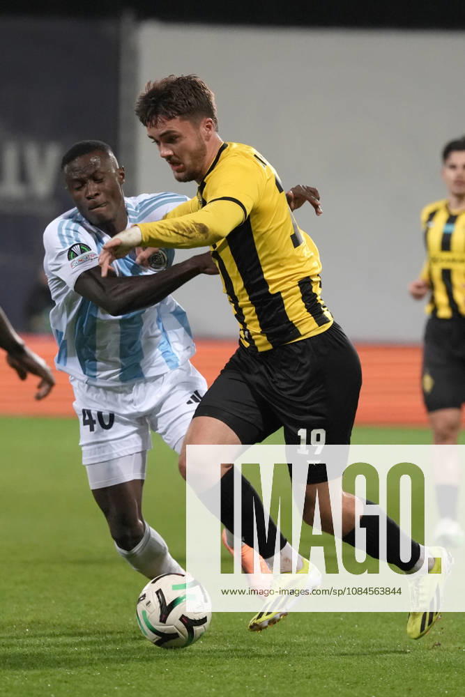 Ahmed Ankrah of Riga FC and Oiva Jukkola of Kairat compete for the ball during a UEFA Conference League soccer match between Latvias Riga FC and Kazakhstans Kairat Almaty at Skonto Stadium in Riga, Latvia, Thursday, Oct. 15, 2026. Riga Latvia