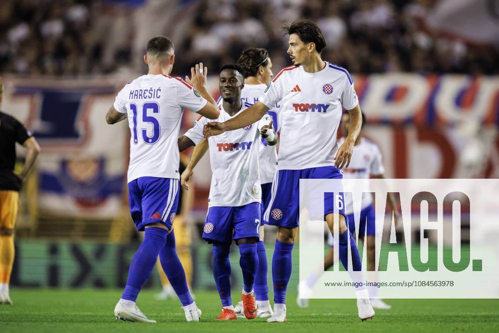 SPLIT - (lr) Dario Maresic of Hajduk Split, Abdulia Sanyang of Hajduk Split and Dennis Hadzikadunic of Hajduk Split celebrate the 1-0 goal by Abdulia Sanyang of Hajduk Split during the Conference League match between Hajduk Split and Ajax at Stadion Poljud on 15 October 2026 in Split, Croatia. SONNY LENSEN ANP ANPxSportx IVx 572542120 originalFilename: 572542120