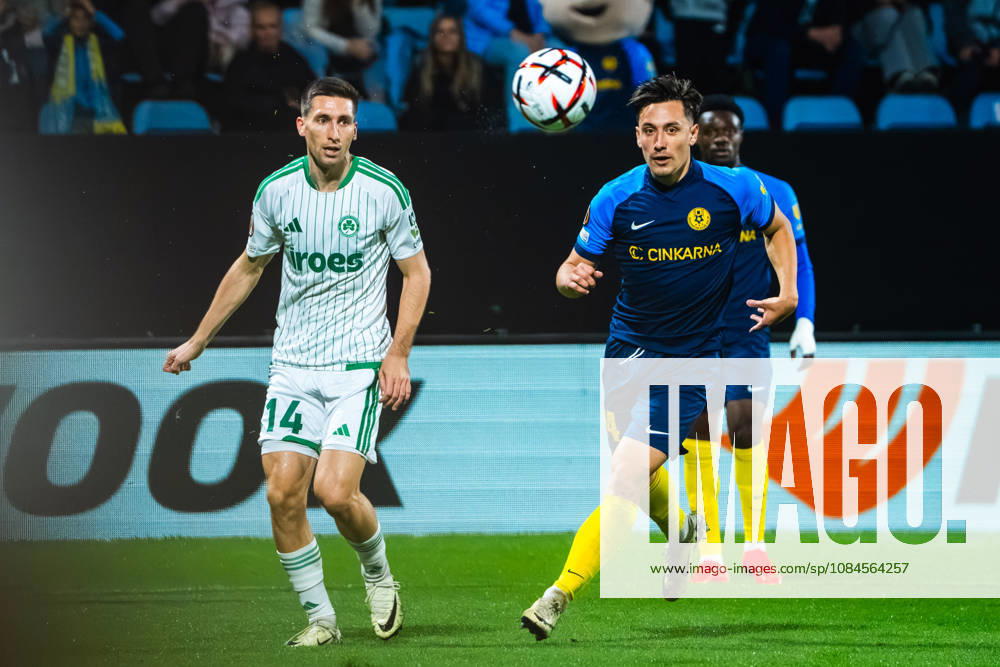 Darko Hrka of Celje (R) in action against Mateo Maric of Omonia (L) during the UEFA Europa League match between Celje (Slovenia) and Omonia (Cyprus) at Stadion Celje, Celje on October 15, 2026 in Celje, Slovenia. (Photo by Andraz Corel Sports Press Photo).