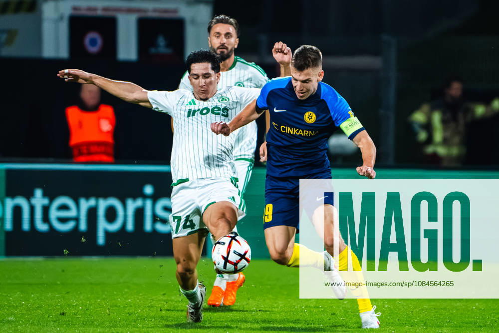 Panagiotis Andreou of Omonia (L) in action against Mark Zabukovnik of Celje (R) during the UEFA Europa League match between Celje (Slovenia) and Omonia (Cyprus) at Stadion Celje, Celje on October 15, 2026 in Celje, Slovenia. (Photo by Andraz Corel Sports Press Photo).