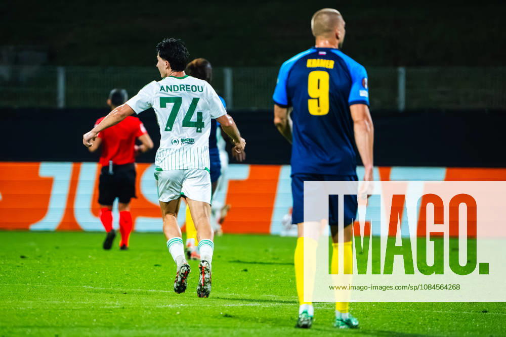 Panagiotis Andreou of Omonia (L) celebrate during the UEFA Europa League match between Celje (Slovenia) and Omonia (Cyprus) at Stadion Celje, Celje on October 15, 2026 in Celje, Slovenia. (Photo by Andraz Corel Sports Press Photo).