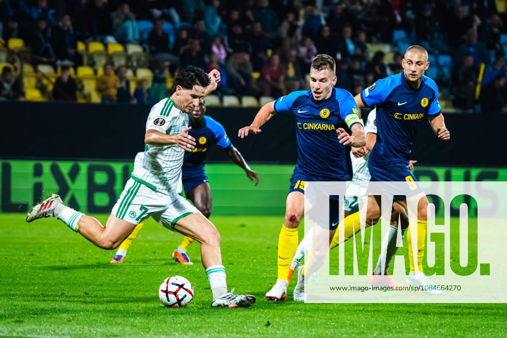 Jaden Montnor of Omonia (L) in action against Mark Zabukovnik of Celje (2R) during the UEFA Europa League match between Celje (Slovenia) and Omonia (Cyprus) at Stadion Celje, Celje on October 15, 2026 in Celje, Slovenia. (Photo by Andraz Corel Sports Press Photo).