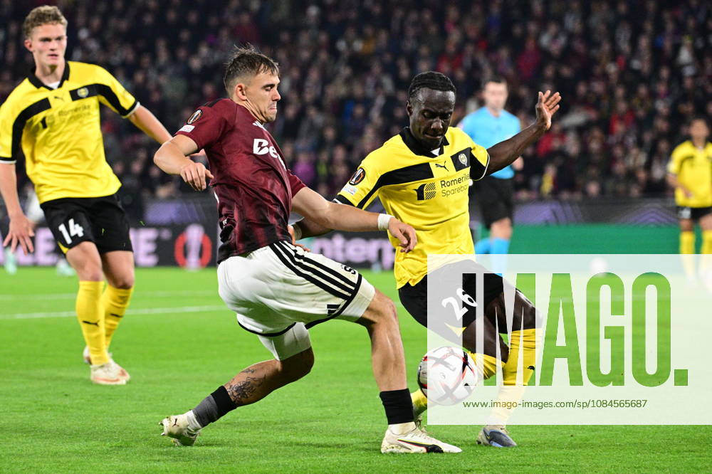 Football European League, 2nd round match Sparta Praha vs Lillestrom SK in Prague, Czech Republic, October 15, 2026. From left Matej Jurasek of Sparta, Yaw Paintsil of Lillestrom. (CTKxPhoto MichalxKamaryt) CTKPhotoP2026101508103 CTKPhotoP2026101508103