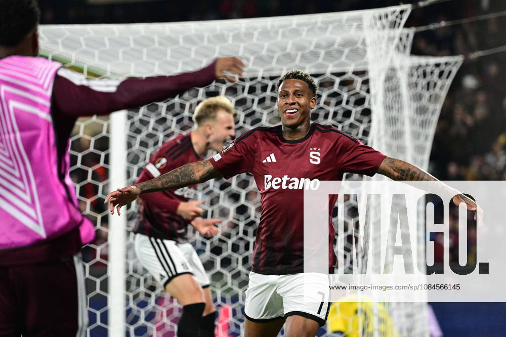 Football European League, 2nd round match Sparta Praha vs Lillestrom SK in Prague, Czech Republic, October 15, 2026. Josimar Alcocer of Sparta (right) celebrates first goal. (CTKxPhoto MichalxKamaryt) CTKPhotoP2026101508198 CTKPhotoP2026101508198