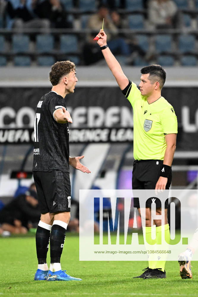 AA Gent vs Aarhus Mathias Delorge of KAA Gent receives a yellow card from referee Bulat Sariyev during Matchday 2 in the 2026-2027 Uefa Conference League season - league phase between AA Gent and AGF Aarhus on October 15 , 2026 in Gent, Belgium. (Photo by Maarten Straetemans Isosport) Gent Belgium