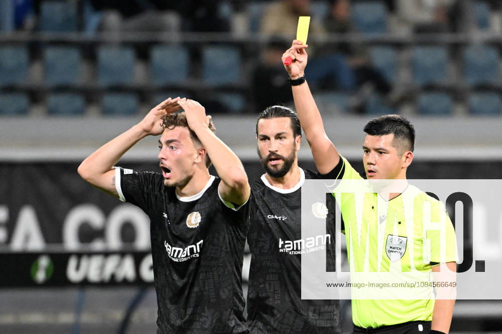 AA Gent vs Aarhus Mathias Delorge of KAA Gent receives a yellow card from referee Bulat Sariyev during Matchday 2 in the 2026-2027 Uefa Conference League season - league phase between AA Gent and AGF Aarhus on October 15 , 2026 in Gent, Belgium. (Photo by Maarten Straetemans Isosport) Gent Belgium