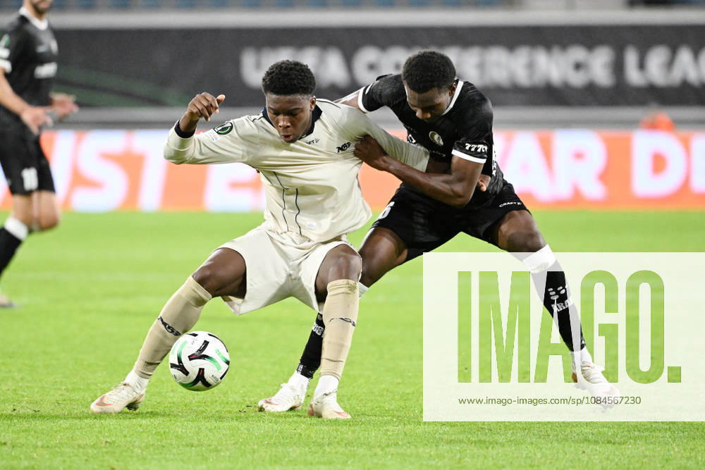 AA Gent vs Aarhus Stefen Tchamche of Aarhus battles for the ball with Mamadou Diallo of KAA Gent during Matchday 2 in the 2026-2027 Uefa Conference League season - league phase between AA Gent and AGF Aarhus on October 15 , 2026 in Gent, Belgium. (Photo by Maarten Straetemans Isosport) Gent Belgium