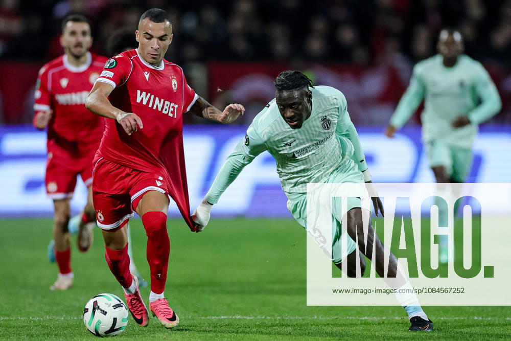 Football - UEFA Conference League - Round 1 - PFC CSKA Sofia - AS Monaco - 15.10.2026 Maks Ebong, 7 of PFC CSKA Sofia and Christian Mawissa, 13 of AS Monaco FC during UEFA Conference League - Round 1 match between PFC CSKA Sofia and AS Monaco at Vasil Levski Stadium in Sofia, Bulgaria, on October 15th, 2026 in Sofia, Bulgaria. Bulgaria