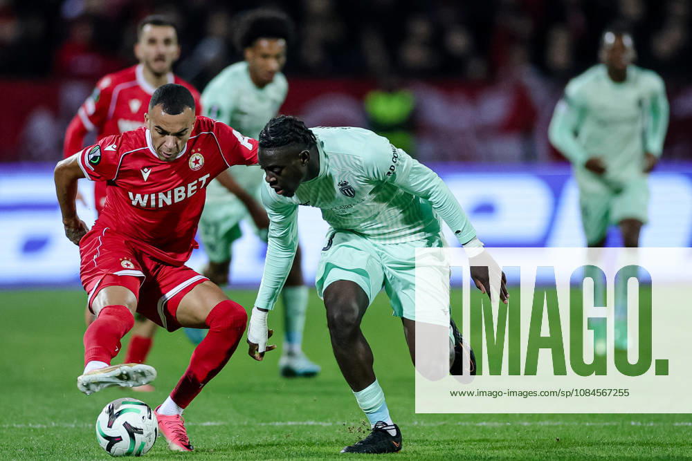 Football - UEFA Conference League - Round 1 - PFC CSKA Sofia - AS Monaco - 15.10.2026 Maks Ebong, 7 of PFC CSKA Sofia and Christian Mawissa, 13 of AS Monaco FC during UEFA Conference League - Round 1 match between PFC CSKA Sofia and AS Monaco at Vasil Levski Stadium in Sofia, Bulgaria, on October 15th, 2026 in Sofia, Bulgaria. Bulgaria