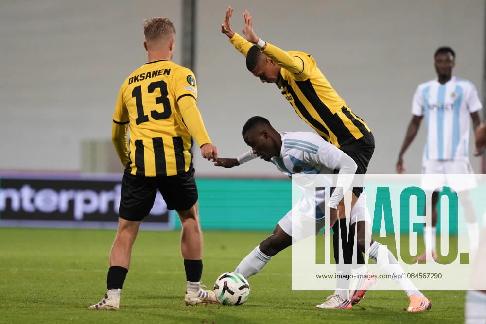 Ahmed Ankrah of Riga FC and Edmilson of Kairat compete for the ball during a UEFA Conference League soccer match between Latvias Riga FC and Kazakhstans Kairat Almaty at Skonto Stadium in Riga, Latvia, Thursday, Oct. 15, 2026. Riga Latvia