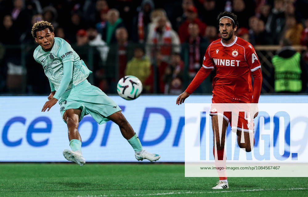 CSKA vs AS Monaco - UEFA Conference League SOFIA, BULGARIA-OCTOBER 15: Paris Brunner (L) of AS Monaco in action against Dinis Almeida (R) of CSKA during the UEFA Conference League - League Phase, Matchday 1 between teams of CSKA and AS Monaco at Vasil Levski National Stadium in Sofia, Bulgaria, 15 October 2026. Borislav Troshev Anadolu Sofia Bulgaria. Editorial use only. Please get in touch for any other usage.