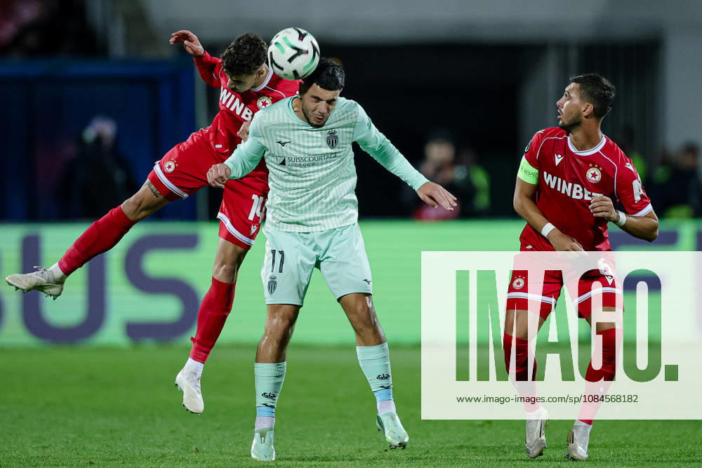 Football - UEFA Conference League - Round 1 - PFC CSKA Sofia - AS Monaco - 15.10.2026 Matthis Abline, 11 of AS Monaco FC, Teodor Ivanov, 14 of PFC CSKA Sofia and Bruno Jordao, 6 of PFC CSKA Sofia during UEFA Conference League - Round 1 match between PFC CSKA Sofia and AS Monaco at Vasil Levski Stadium in Sofia, Bulgaria, on October 15th, 2026 in Sofia, Bulgaria. Bulgaria