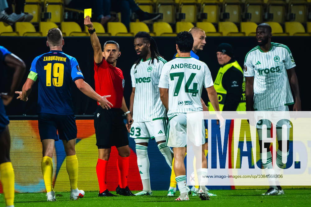 Mark Zabukovnik of Celje (L) yellow card during the UEFA Europa League match between Celje (Slovenia) and Omonia (Cyprus) at Stadion Celje, Celje on October 15, 2026 in Celje, Slovenia. (Photo by Andraz Corel Sports Press Photo).