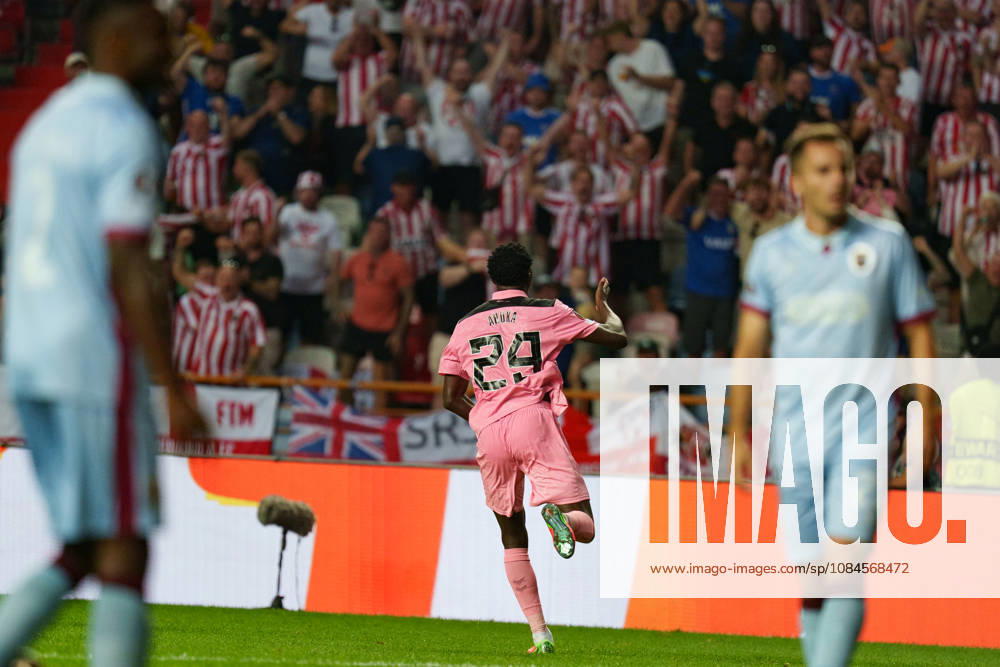 Jules Ahoka celebrating after scoring goal during UEFA Europa League 2026 2027 league phase game between teams of Torreense and Sunderland (Miguel Clemente Ball Raw Images) Leiria Estadio Dr. Magalhaes Pessoa Portugal