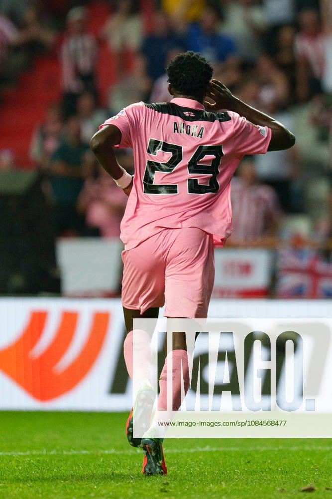 Jules Ahoka celebrating after scoring goal during UEFA Europa League 2026 2027 league phase game between teams of Torreense and Sunderland (Miguel Clemente Ball Raw Images) Leiria Estadio Dr. Magalhaes Pessoa Portugal