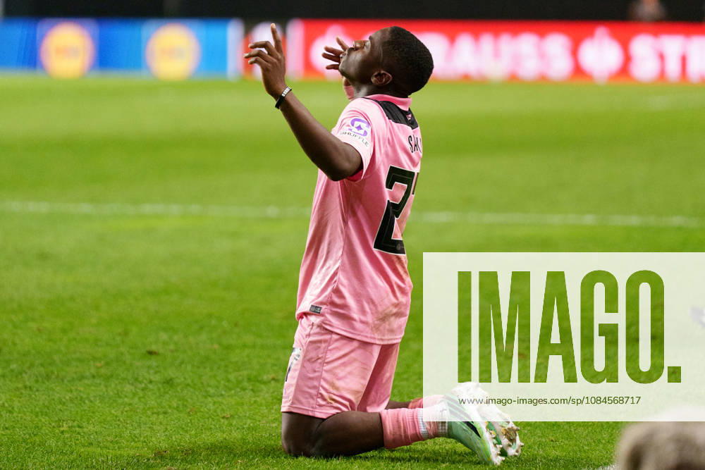Noah Sadiki celebrating after scoring goal seen during UEFA Europa League 2026 2027 league phase game between teams of Torreense and Sunderland (Miguel Clemente Ball Raw Images) Leiria Estadio Dr. Magalhaes Pessoa Portugal