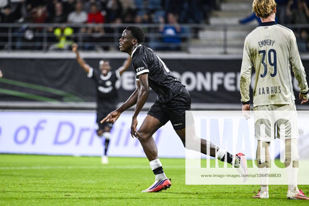 Gent s Hyllarion Goore celebrates after scoring during a soccer game between Belgian KAA Gent and Danish Aarhus GF, Thursday 15 October 2026 in Gent, the opening match of the UEFA Conference League league phase. TOMxGOYVAERT x189921984x