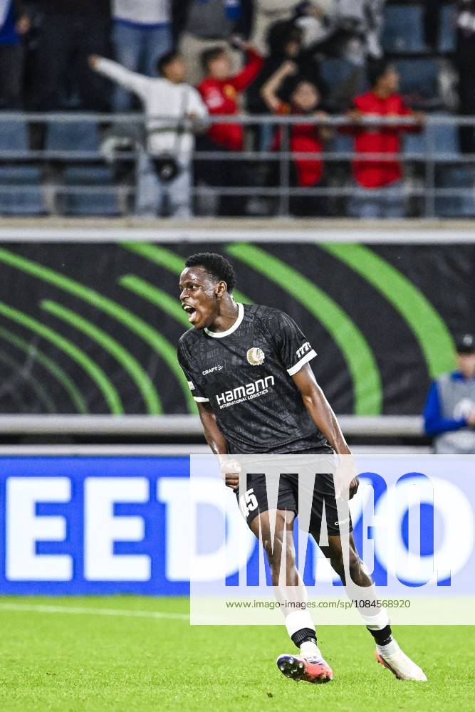 Gent s Hyllarion Goore celebrates after scoring during a soccer game between Belgian KAA Gent and Danish Aarhus GF, Thursday 15 October 2026 in Gent, the opening match of the UEFA Conference League league phase. TOMxGOYVAERT x189922553x