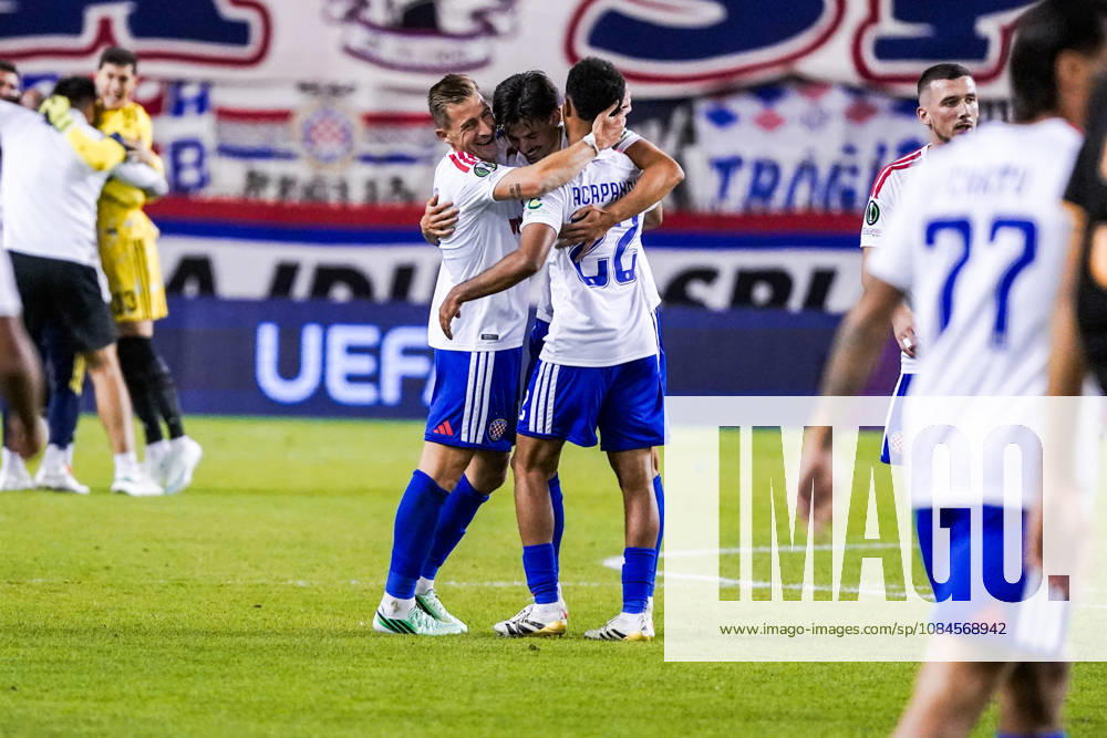 Fussball: Kroatien: UEFA Conference League 2026 2027 - 1. Runde, 15.10.2026 - HNK Hajduk Split vs. AFC Ajax Amsterdam - Stadion Poljud (Split, Kroatien); Hajduk Split Spieler bejubeln den Sieg