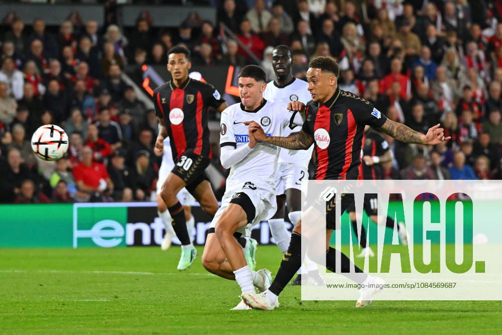 Bournemouth v Sturm Graz, Europa League Marcus Tavernier (16) of AFC Bournemouth shoots at goal and misses the target as Arjan Malic (23) of Sturm Graz makes a challenge during the Europa League match between Bournemouth and Sturm Graz at the Vitality Stadium, Bournemouth, UK on 15 October 2026. Bournemouth Vitality Stadium Dorset UK Editorial use only ,
